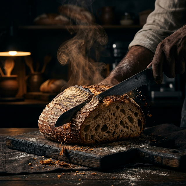 Slicing fresh rustic sourdough